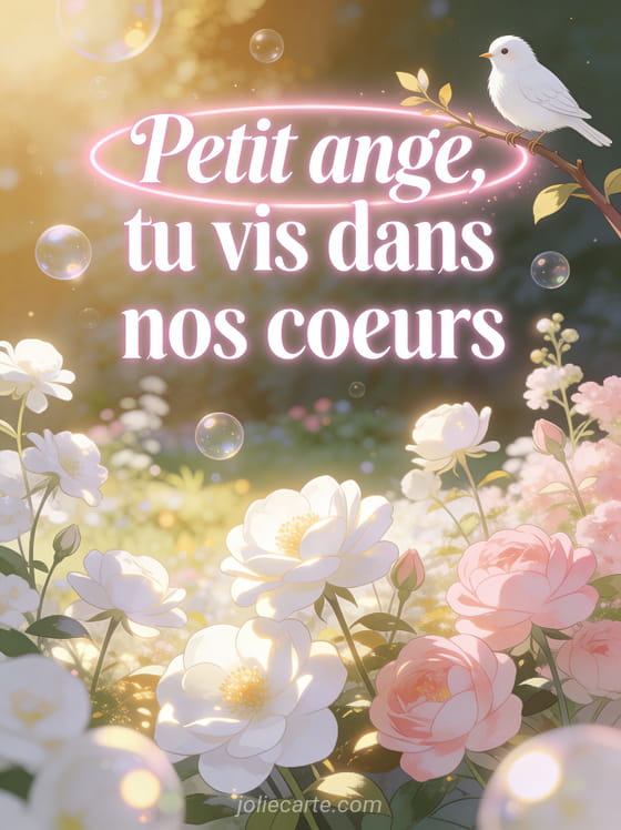 Jardin enchanté avec fleurs blanches et roses illuminées par une lumière dorée douce et bulles de lumière flottantes avec un petit oiseau blanc