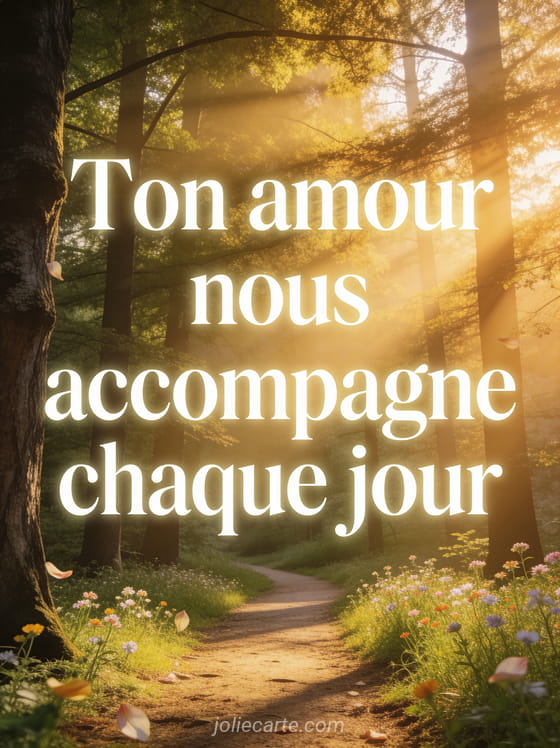 Sentier dans une forêt avec des rayons de soleil dorés filtrant entre les arbres et des petites fleurs sauvages