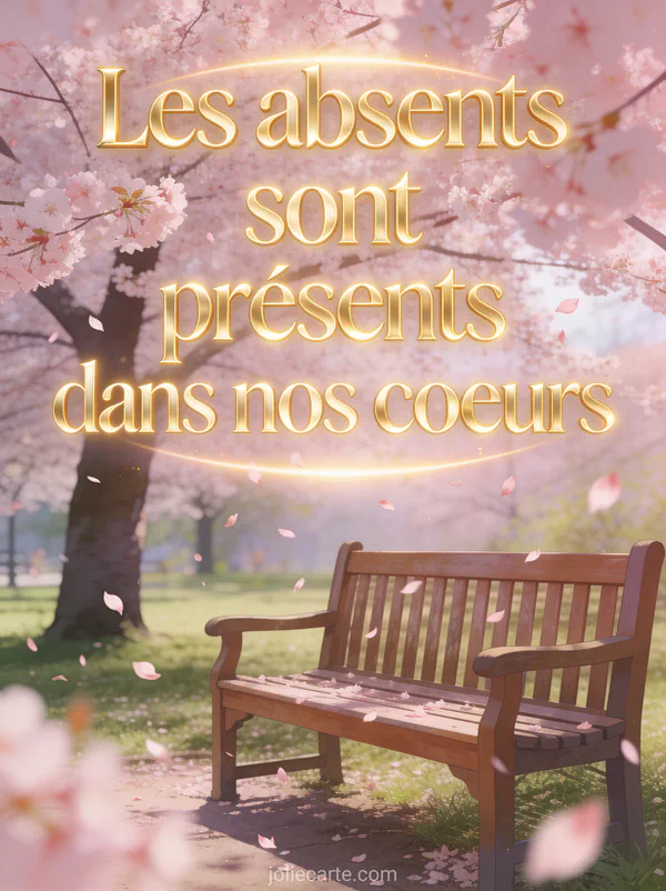 Banc en bois dans un parc au printemps avec des cerisiers en fleurs et des pétales qui volent dans la brise