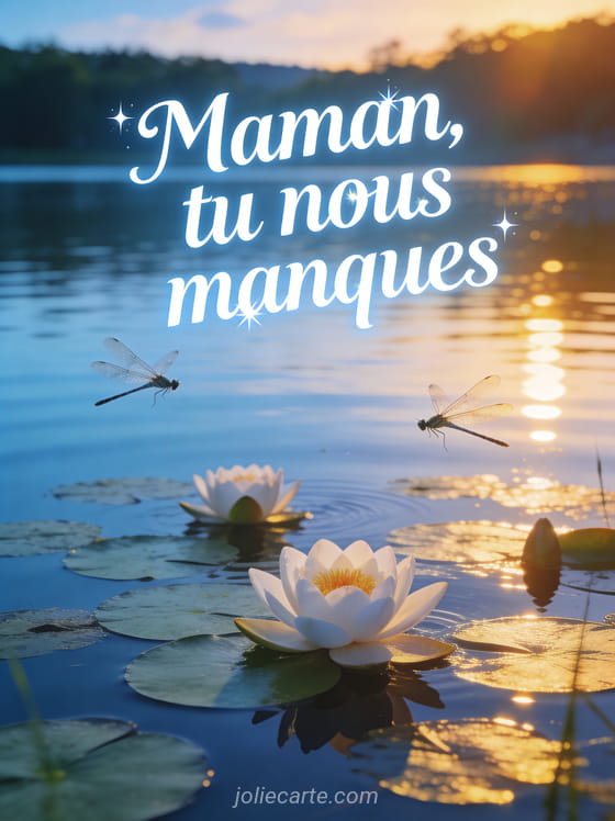 Bord de lac tranquille au coucher du soleil avec des nénuphars en fleur et des libellules au-dessus de l'eau dorée