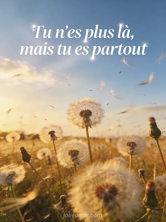 Champ de pissenlits dont les graines s'envolent dans le vent sous une lumière dorée de fin de journée avec un ciel bleu et doré