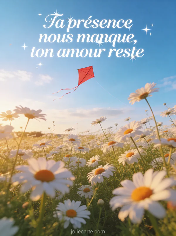 Prairie fleurie de marguerites blanches sous une lumière dorée avec un cerf-volant rouge dans le ciel bleu
