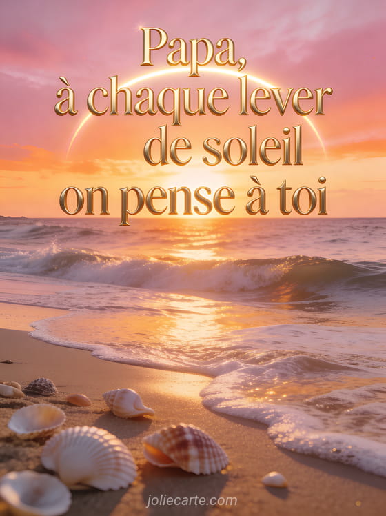 Lever de soleil magnifique sur l'océan avec tons rose orange et doré et vagues douces léchant le sable avec coquillages sur la plage