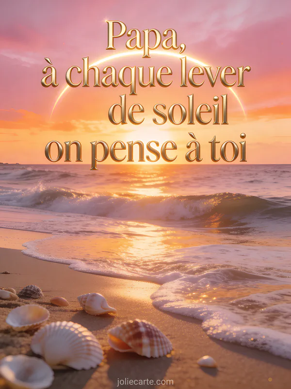 Lever de soleil magnifique sur l'océan avec tons rose orange et doré et vagues douces léchant le sable avec coquillages sur la plage