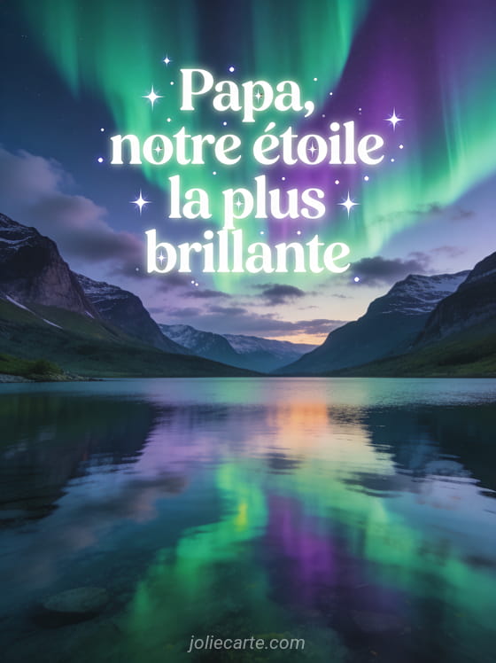 Ciel d'aurore boréale avec des voiles verts et violets au-dessus d'un lac de montagne avec des reflets colorés