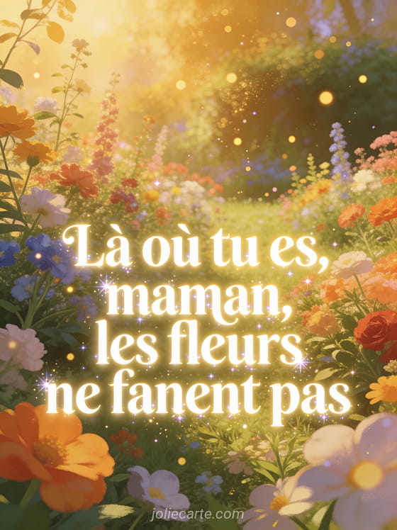 Jardin extraordinaire avec fleurs de toutes les couleurs en pleine floraison sous une lumière dorée féerique et particules de lumière flottantes