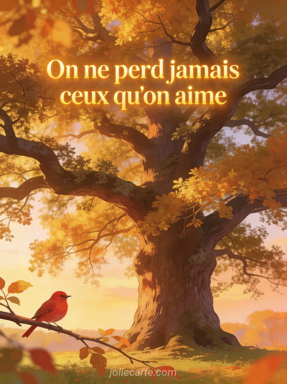 Vieux chêne majestueux aux feuilles dorées dans une lumière de fin de journée avec un petit oiseau rouge sur une branche