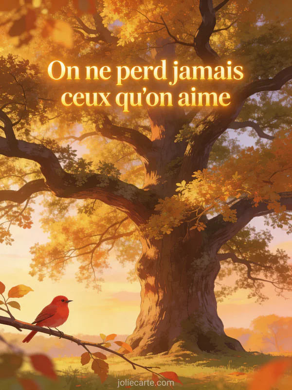 Vieux chêne majestueux aux feuilles dorées dans une lumière de fin de journée avec un petit oiseau rouge sur une branche