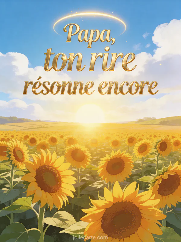 Paysage de campagne avec champ de tournesols tournés vers le soleil sous un ciel bleu avec nuages blancs dans une lumière chaude et joyeuse