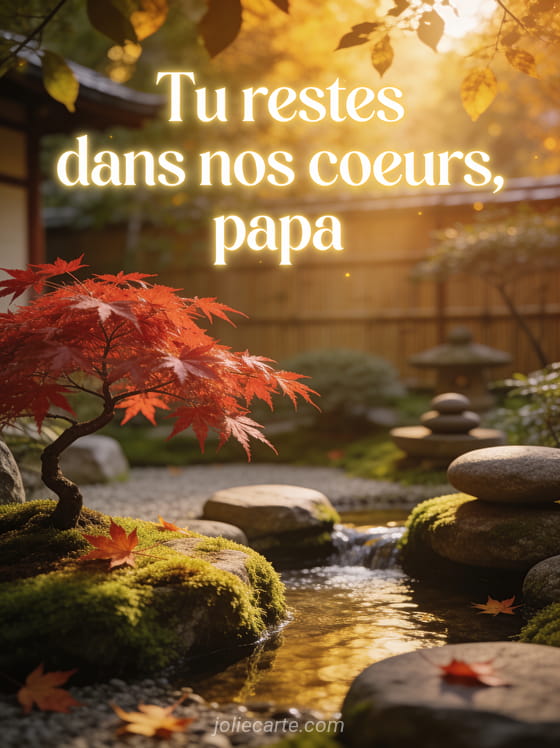 Jardin japonais zen avec un érable rouge des pierres moussues et un petit ruisseau dans une lumière dorée