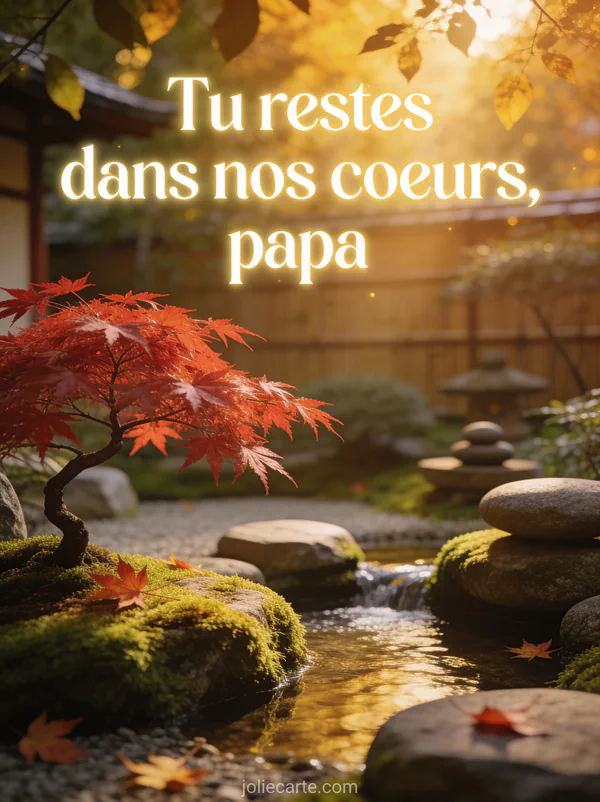 Jardin japonais zen avec un érable rouge des pierres moussues et un petit ruisseau dans une lumière dorée
