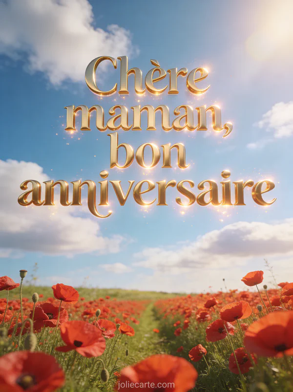 Champ de coquelicots rouges sous un ciel bleu avec des nuages blancs et une lumière de soleil chaleureuse