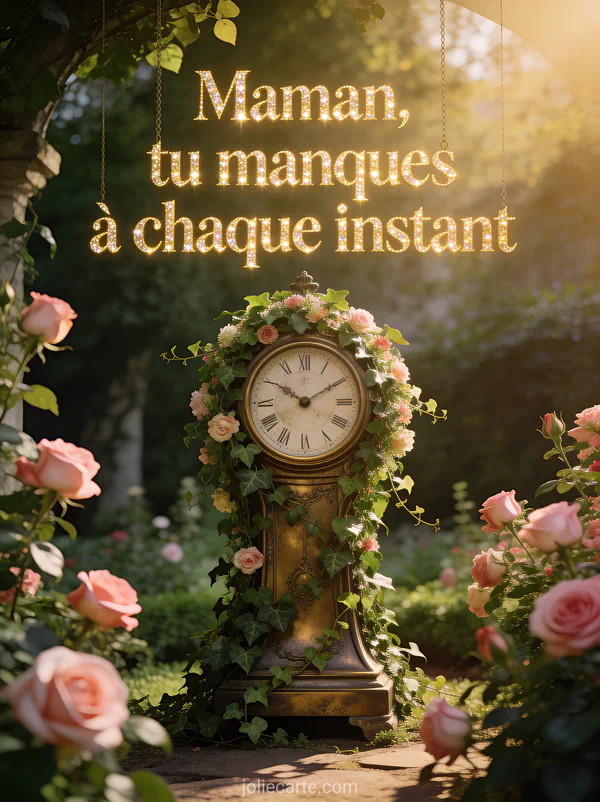 Horloge ancienne entourée de lierre fleuri dans un jardin avec roses grimpantes roses dans une lumière dorée de golden hour