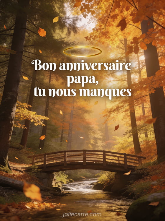 Pont de bois au-dessus d'un ruisseau dans une forêt automnale avec des feuilles dorées et orangées