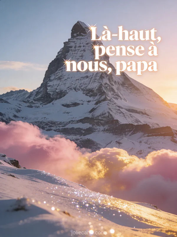 Sommet de montagne enneigé au lever du soleil avec des nuages roses et dorés en contrebas et un ciel lumineux