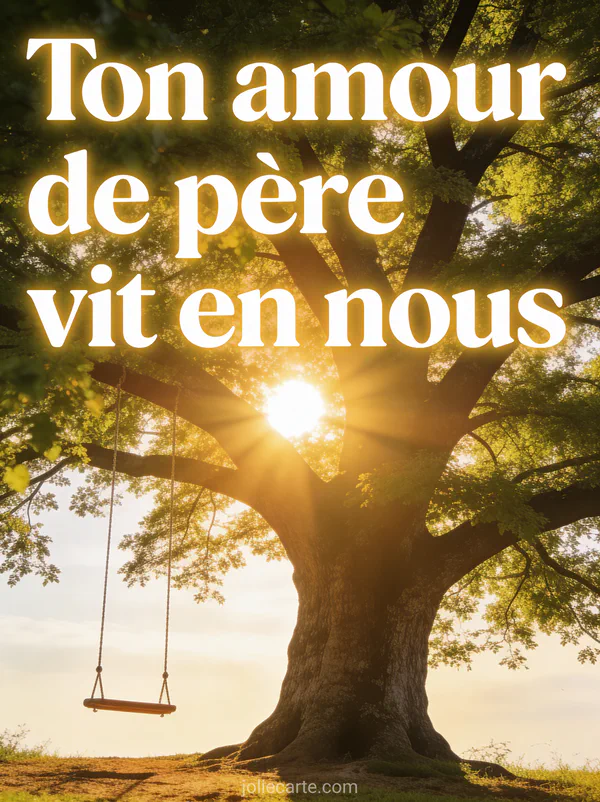 Grand arbre aux feuilles vertes luxuriantes avec soleil brillant entre les branches et une balançoire vide accrochée dans une lumière dorée filtrée