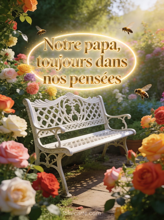 Jardin anglais avec des roses colorées un banc en fer forgé blanc et des abeilles butinant dans la lumière du matin