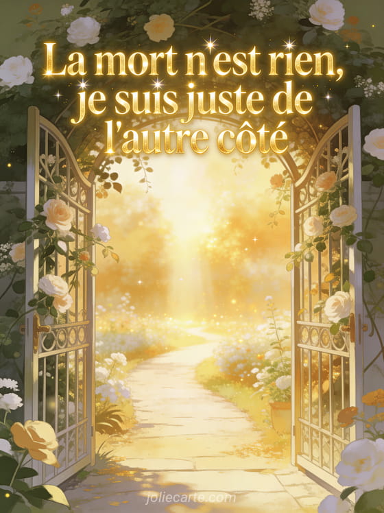 Portail de jardin ouvert donnant sur un paysage de lumière dorée éblouissante avec fleurs grimpantes et chemin menant vers la lumière