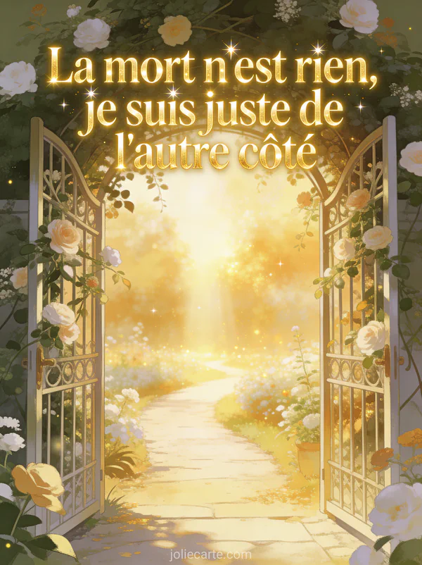 Portail de jardin ouvert donnant sur un paysage de lumière dorée éblouissante avec fleurs grimpantes et chemin menant vers la lumière