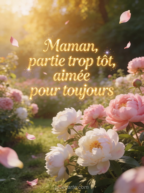 Parterre de pivoines roses et blanches dans un jardin baigné de lumière dorée avec des pétales flottant dans l'air