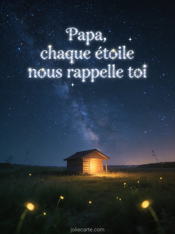Champ ouvert la nuit avec ciel immense rempli d'étoiles et petite cabane en bois éclairée au loin avec lucioles dans l'herbe