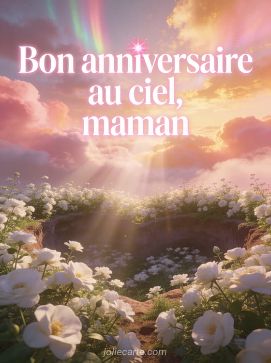Ciel d'aurore avec teintes de rose de pêche et de doré avec nuages légers et lumineux et jardin de fleurs blanches en contrebas