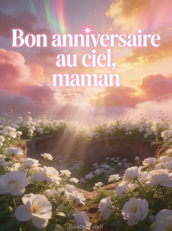 Ciel d'aurore avec teintes de rose de pêche et de doré avec nuages légers et lumineux et jardin de fleurs blanches en contrebas