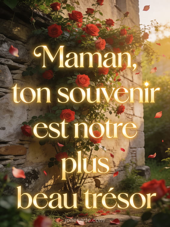 Écrin de verdure avec vieux rosier grimpant couvert de roses rouges sur un mur de pierre ancien dans une lumière dorée avec pétales tombants