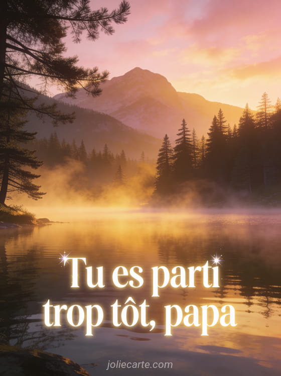 Lever de soleil sur un lac de montagne avec de la brume dorée des sapins en silhouette et un ciel rose et doré