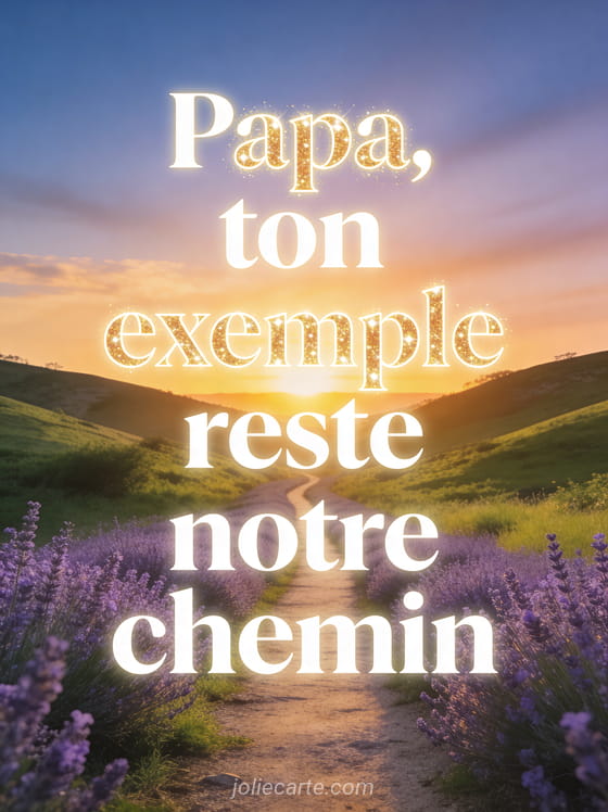 Sentier bordé de lavande menant vers un coucher de soleil aux couleurs chaudes avec collines verdoyantes et ciel dégradé bleu doré