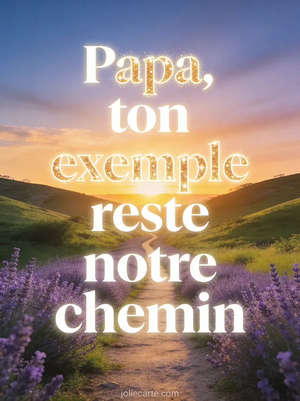 Sentier bordé de lavande menant vers un coucher de soleil aux couleurs chaudes avec collines verdoyantes et ciel dégradé bleu doré