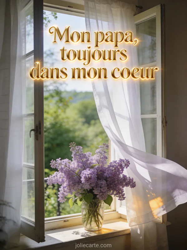 Fenêtre ouverte sur un paysage verdoyant avec des rideaux blancs un bouquet de lilas et une lumière douce du matin