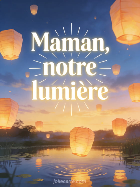 Lanternes en papier flottant dans un ciel crépusculaire bleu et doré avec leurs lumières chaudes reflétées sur un étang