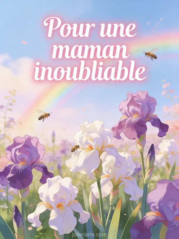 Champ d'iris violets et blancs sous un ciel de printemps avec lumière douce et chaude et abeilles butinant avec arc-en-ciel léger