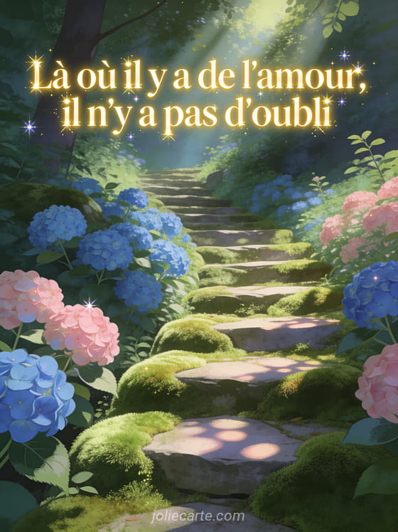 Escalier en pierre couvert de mousse montant dans un jardin luxuriant avec hortensias bleus et roses dans une lumière filtrée entre les arbres