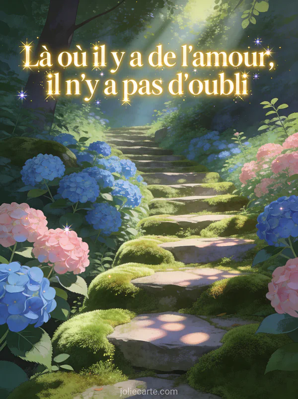Escalier en pierre couvert de mousse montant dans un jardin luxuriant avec hortensias bleus et roses dans une lumière filtrée entre les arbres