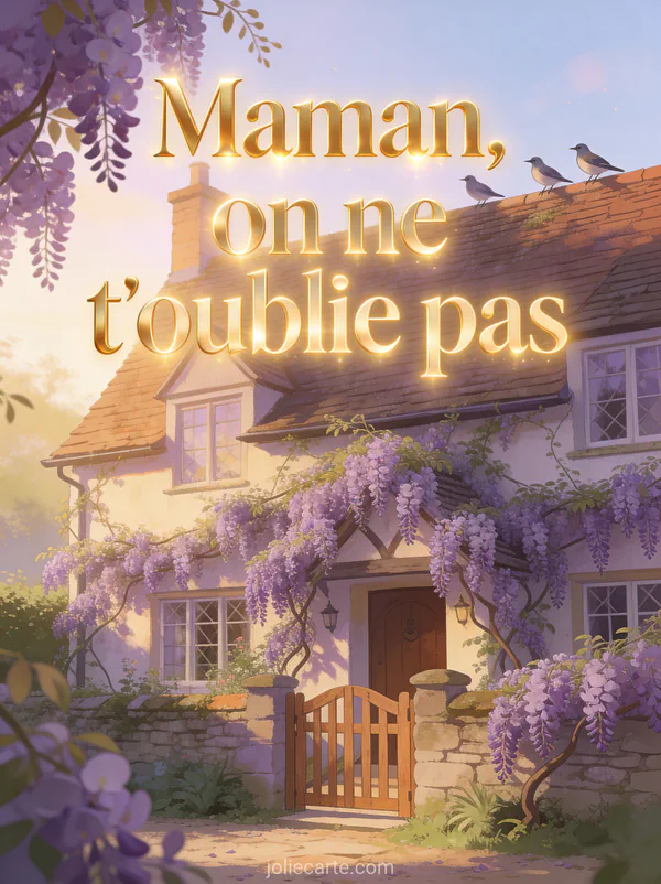 Cottage anglais couvert de glycine mauve avec un petit portail en bois et des oiseaux sur le toit dans une lumière dorée