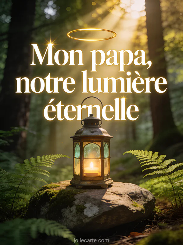 Lanterne ancienne allumée posée sur une pierre moussue dans une forêt avec rayons de soleil dorés filtrants et fougères vertes