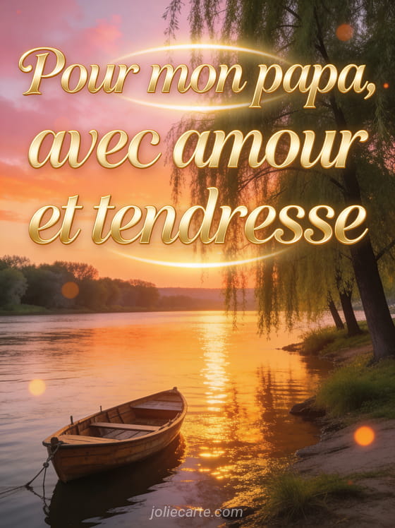 Paysage de bord de fleuve au coucher du soleil avec saules sur la rive et reflets dorés sur l'eau avec petit bateau en bois amarré