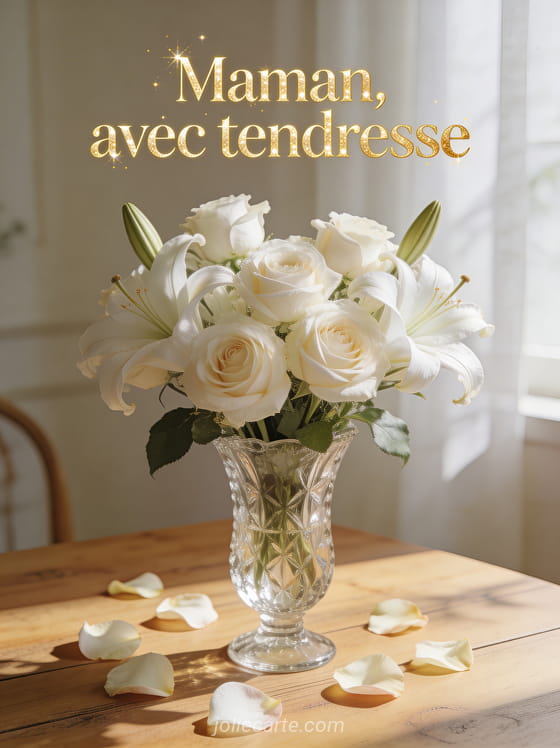 Bouquet de roses blanches et de lys dans un vase en cristal sur une table avec des pétales tombés et une lumière douce
