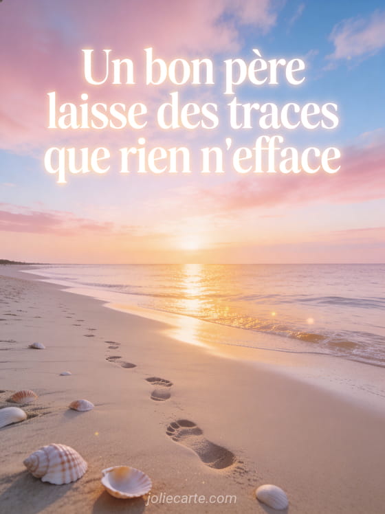 Plage de sable fin au lever du soleil avec empreintes de pas dans le sable et mer calme dorée sous un ciel rose et bleu avec coquillages
