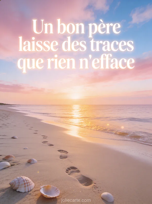 Plage de sable fin au lever du soleil avec empreintes de pas dans le sable et mer calme dorée sous un ciel rose et bleu avec coquillages