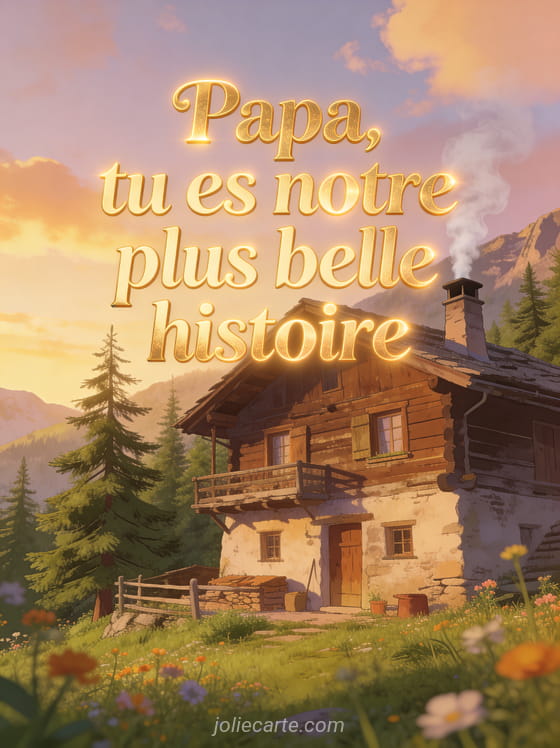 Vieux chalet de montagne avec cheminée qui fume entouré de sapins verts et fleurs sauvages dans une lumière dorée du soir sous un ciel pastel