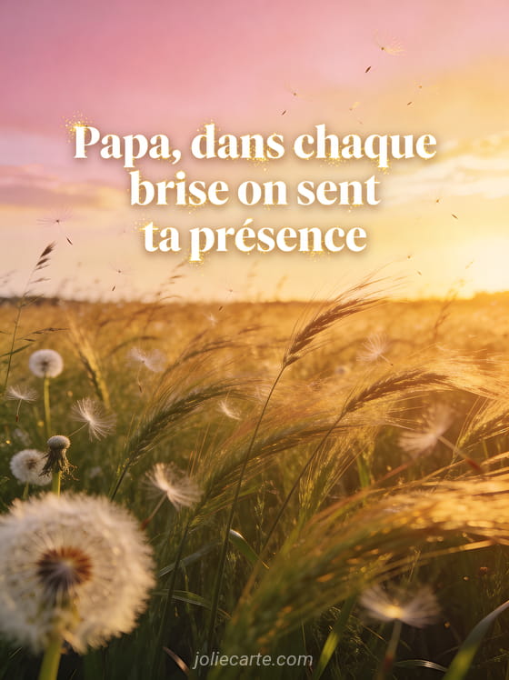 Champ de hautes herbes dorées ondulant dans le vent au coucher du soleil avec graines de pissenlit volant dans la lumière sous un ciel rose et doré