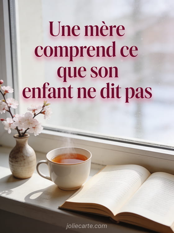 Tasse de thé fumante et livre ouvert sur un rebord de fenêtre avec branche de cerisier en fleurs et le texte Une mère comprend ce que son enfant ne dit pas