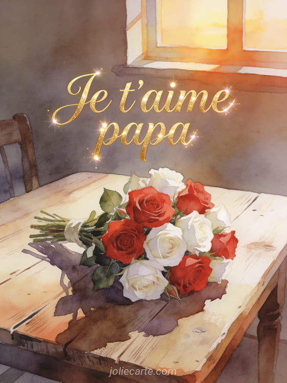 Bouquet de roses rouges et blanches sur une table en bois rustique avec le texte Je t'aime papa en lettres dorées