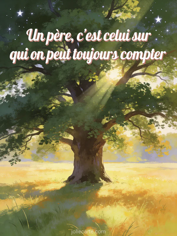 Grand chêne majestueux dans une prairie baignée de lumière dorée avec le texte Un père c'est celui sur qui on peut toujours compter