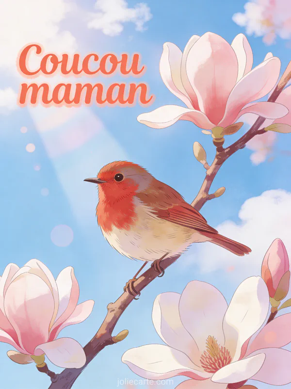 Oiseau rouge-gorge perché sur une branche de magnolia en fleurs avec ciel bleu et rayons de soleil et le texte Coucou maman