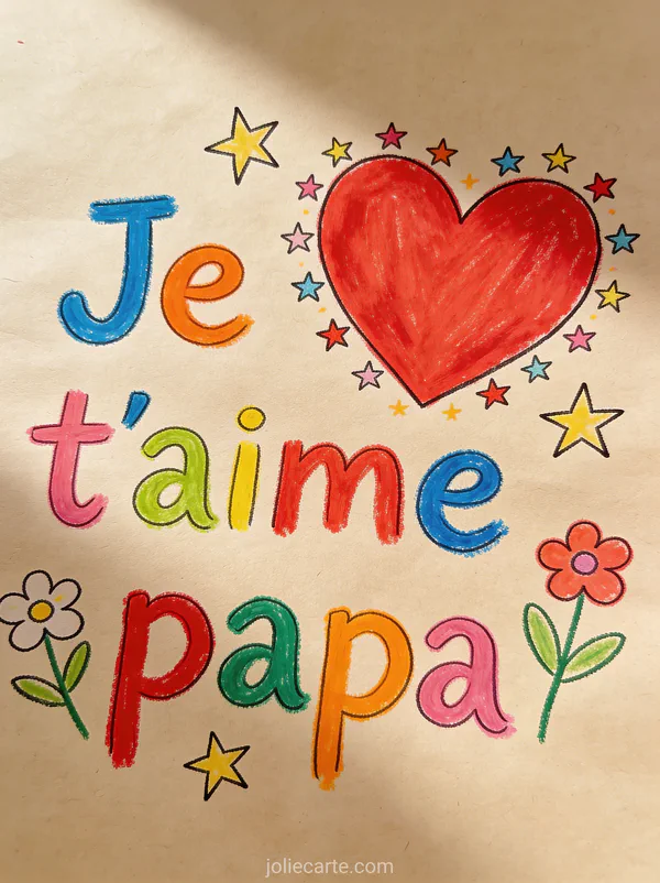 Dessin enfantin avec un grand coeur rouge entouré d'étoiles et de fleurs sur fond papier craft avec le texte Je t'aime papa