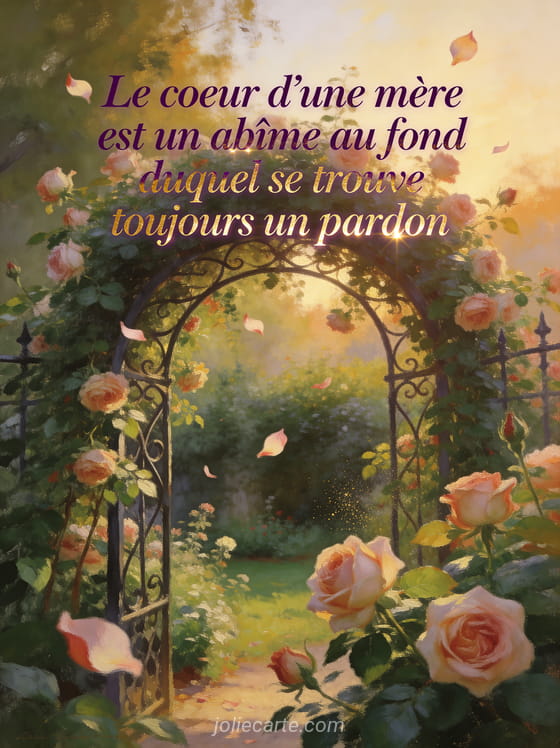 Jardin avec roses anciennes grimpantes sur une arche en fer forgé dans une lumière dorée avec pétales volants et le texte Le coeur d'une mère